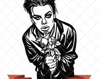 May include: A black and white digital illustration of a person with dark hair and heavy eye makeup, wearing a jacket and holding a bouquet of roses. Below the illustration, a red banner displays the text 300 DPI - JPG, PNG, SVG.