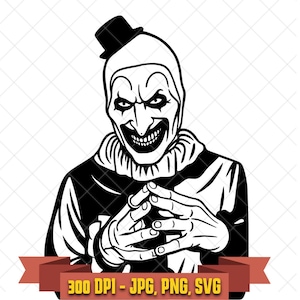Art the Clown SVG, creepy horror clown with sinister grin and clasped hands black and white Terrifier clipart for Cricut and Halloween crafts