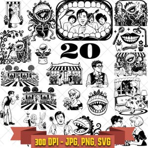 Puede incluir: Una colección de veinte ilustraciones en blanco y negro que muestran a un hombre, una mujer y una planta carnívora en varias escenas. Los gráficos incluyen temas dentales, una casa, una tienda y el número 20, con 300 DPI - JPG, PNG, SVG.