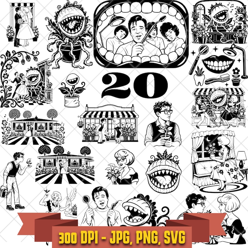 Twenty black-and-white Little Shop of Horrors cut files with Audrey II monster plants, Seymour, flower-shop scenes, and musical characters