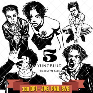 May include: A digital graphic set featuring five black and white silhouettes of the musician Yungblud in various poses. The text reads 5 YUNGBLUD SILHOUETTE PACK and 300 DPI - JPG, PNG, SVG. The illustrations show expressive facial features and hair. This image is part of the Yungblud Silhouette Art, Pop Punk SVG PNG JPG Bundle digital download.