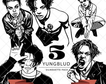 Może przedstawiać: Cyfrowy zestaw graficzny zawierający pięć czarno-białych sylwetek muzyka Yungbluda w różnych pozach. Tekst głosi 5 YUNGBLUD SILHOUETTE PACK oraz 300 DPI - JPG, PNG, SVG. Ilustracje przedstawiają wyraziste rysy twarzy oraz fryzury postaci.