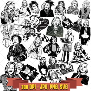 May include: A collection of black and white digital illustrations featuring various portraits and poses of a woman with shoulder-length hair in different outfits and settings. The image includes a red banner at the bottom with the text 300 DPI - JPG, PNG, SVG.