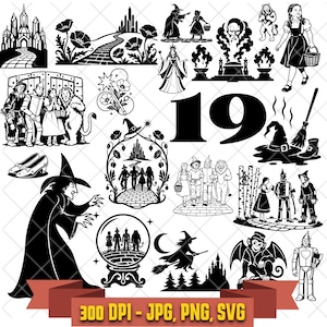 May include: A collection of 19 black and white digital illustrations featuring characters and scenes from The Wizard of Oz, including a castle, a yellow brick road, a witch, a girl with a basket, a lion, a tin man, a scarecrow, and a flying monkey.