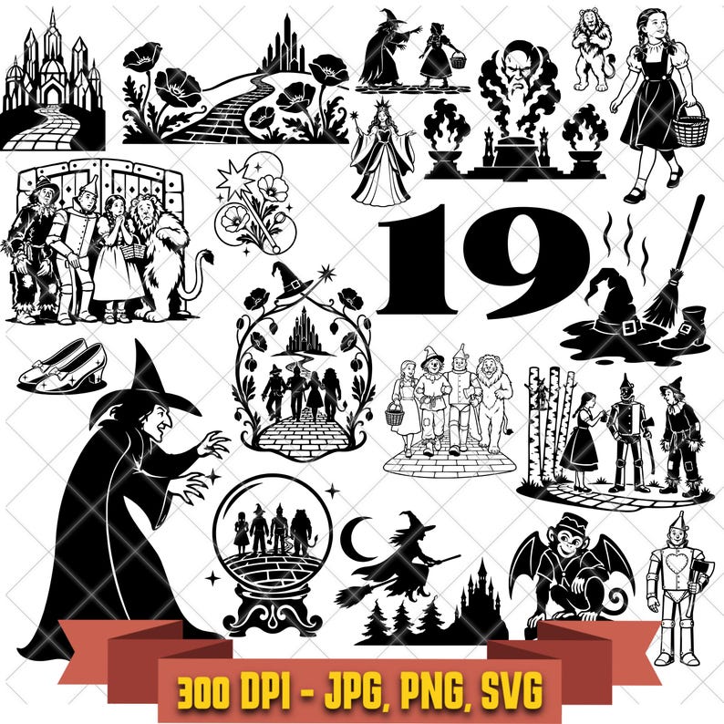 Nineteen black-and-white Wizard of Oz cut files with Dorothy, friends, witches, Emerald City, crystal balls, poppies, and Yellow Brick Road scenes