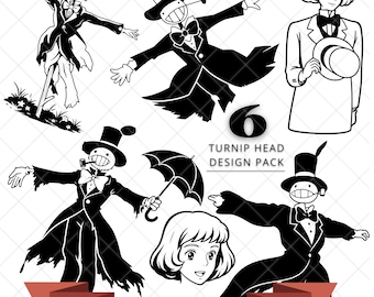 May include: A black and white digital design pack featuring six illustrations of a character with a turnip-shaped head wearing a top hat and tuxedo, alongside a character with short hair. Text reads 6 TURNIP HEAD DESIGN PACK 300 DPI - JPG, PNG, SVG.