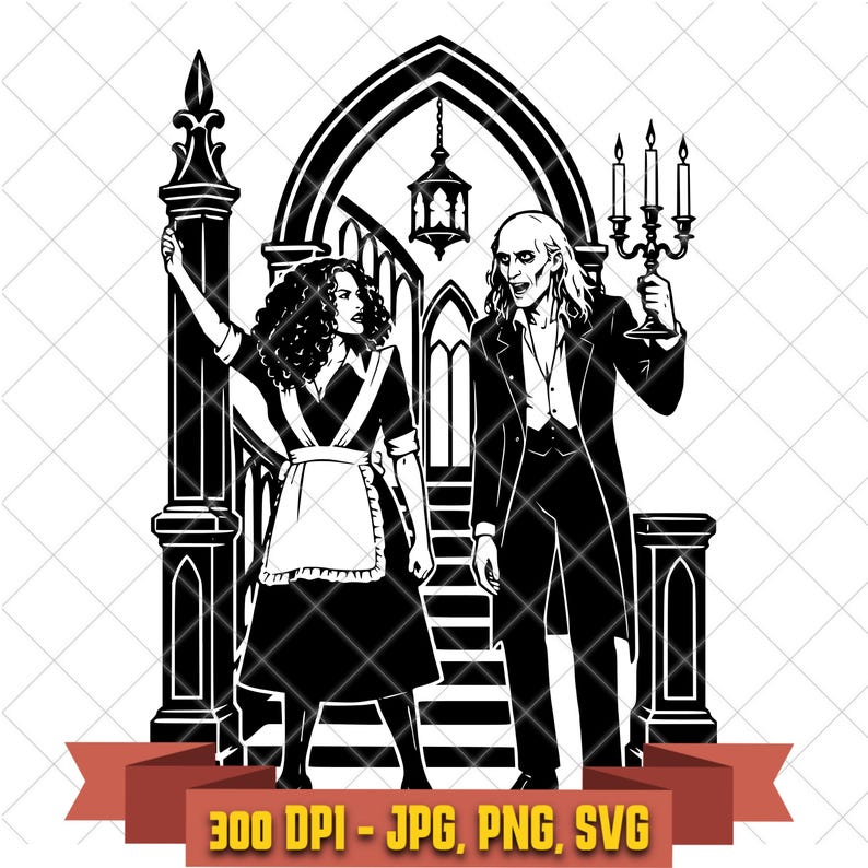 Black-and-white Riff Raff and Magenta cut file on an ornate castle staircase with candles