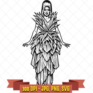 Drag queen SVG, elegant performer in layered feather gown black and white clipart for Cricut and pride crafts