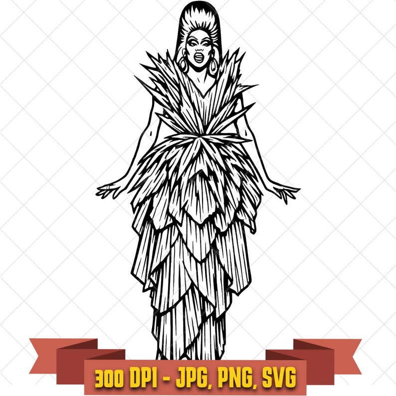 Drag queen SVG, elegant performer in layered feather gown black and white clipart for Cricut and pride crafts