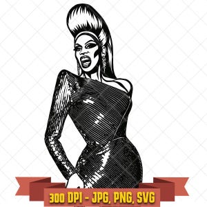 Drag queen SVG, fierce performer in one shoulder gown with high hair black and white clipart for Cricut and pride crafts