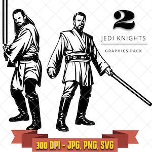 以下が含まれることがあります： ライトセーバーを持った2人のジェダイ騎士の白黒グラフィック。画像には、バナーに「2 Jedi Knights Graphics Pack」と「300 DPI - JPG、PNG、SVG」というテキストが含まれています。