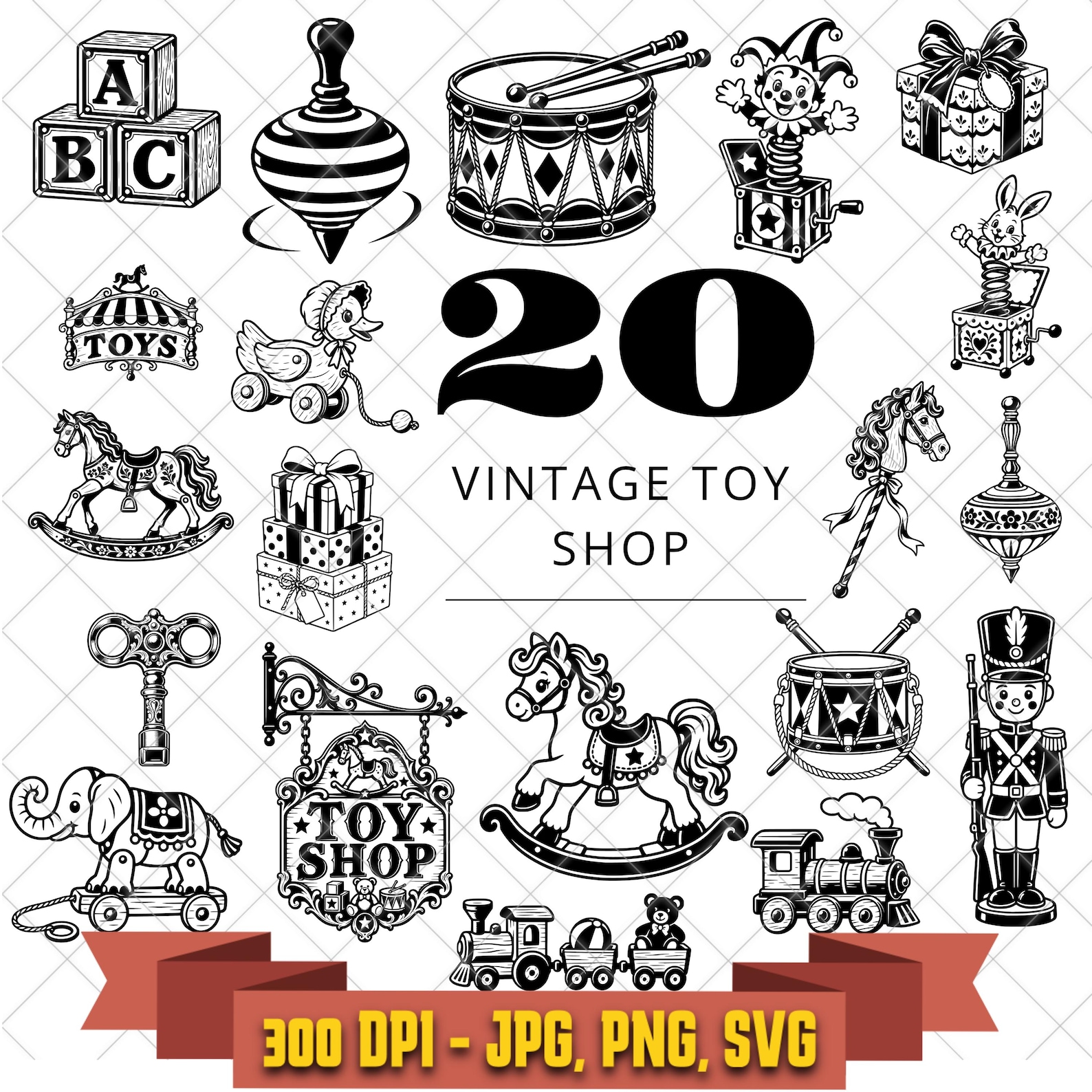 20 Vintage Toy SVG Bundle, Rocking Horse and Jack-in-the-Box Cut Files in the Decorative Elements collection by KleanKutChaos.