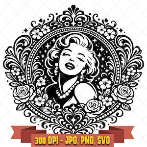 May include: A black and white graphic illustration of a woman with wavy hair, enclosed in an ornate floral frame with roses and swirling patterns. Below the design, a red banner displays the text 300 DPI - JPG, PNG, SVG in yellow letters.