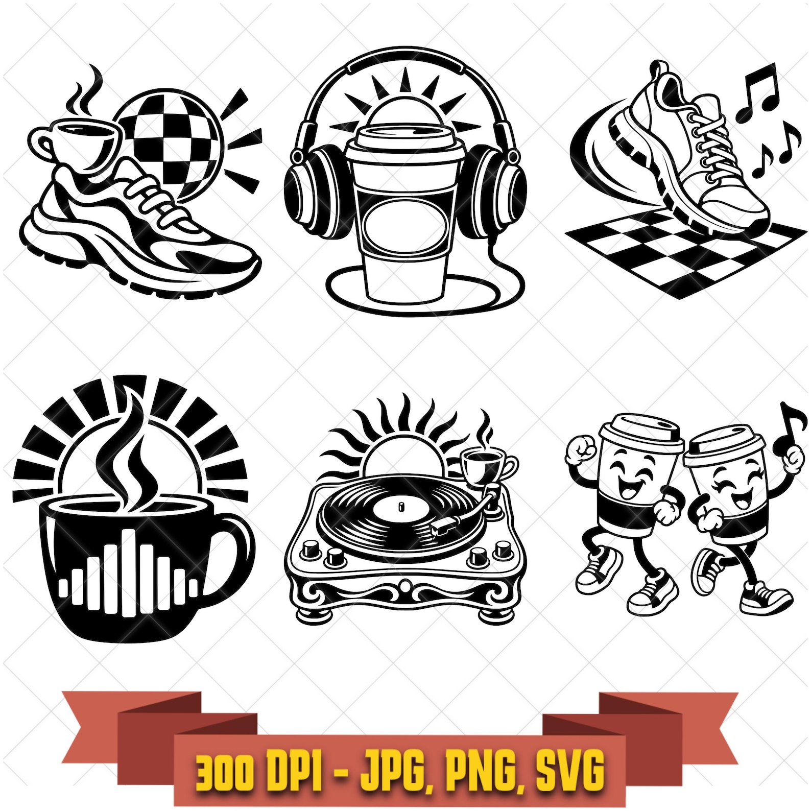 Coffee Run SVG Bundle, 6 Soft Clubbing and Cafe Rave Inspired Designs, PNG JPG in the Decorative Elements collection by KleanKutChaos.