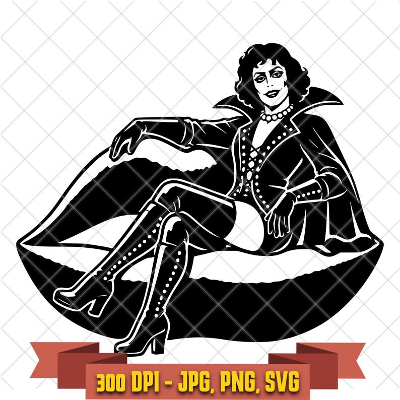 Black-and-white Frank N Furter seated cut file with corset, high boots, and flowing cape