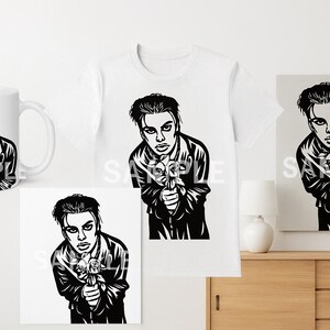 May include: A white ceramic mug, a white t-shirt, a square print, and a rectangular canvas, each featuring a black and white graphic illustration of a person with short hair holding a bouquet of roses, with the word SAMPLE overlaid on each item. This image is part of the Yungblud SVG PNG, Punk Rock Singer Digital Art, Vector Cutting File for Cricut & Silhouette, Graphic Tee Design digital download.