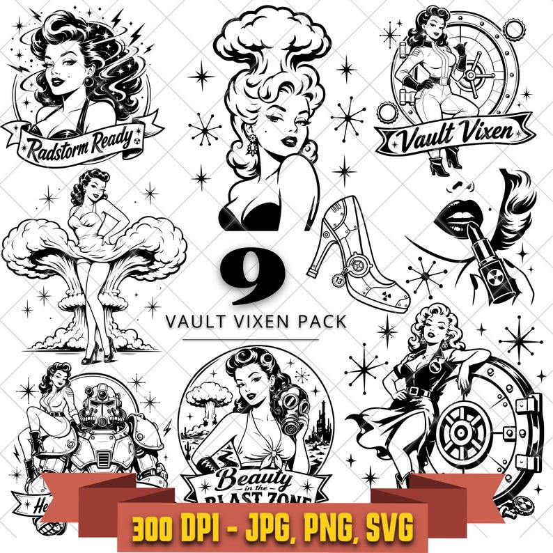 Retro Atomic Pinup SVG Bundle, 9 Post Apocalyptic Vixen Designs, Vintage Nuclear Glam PNG JPG, Vinyl Cut and Sublimation Files preview