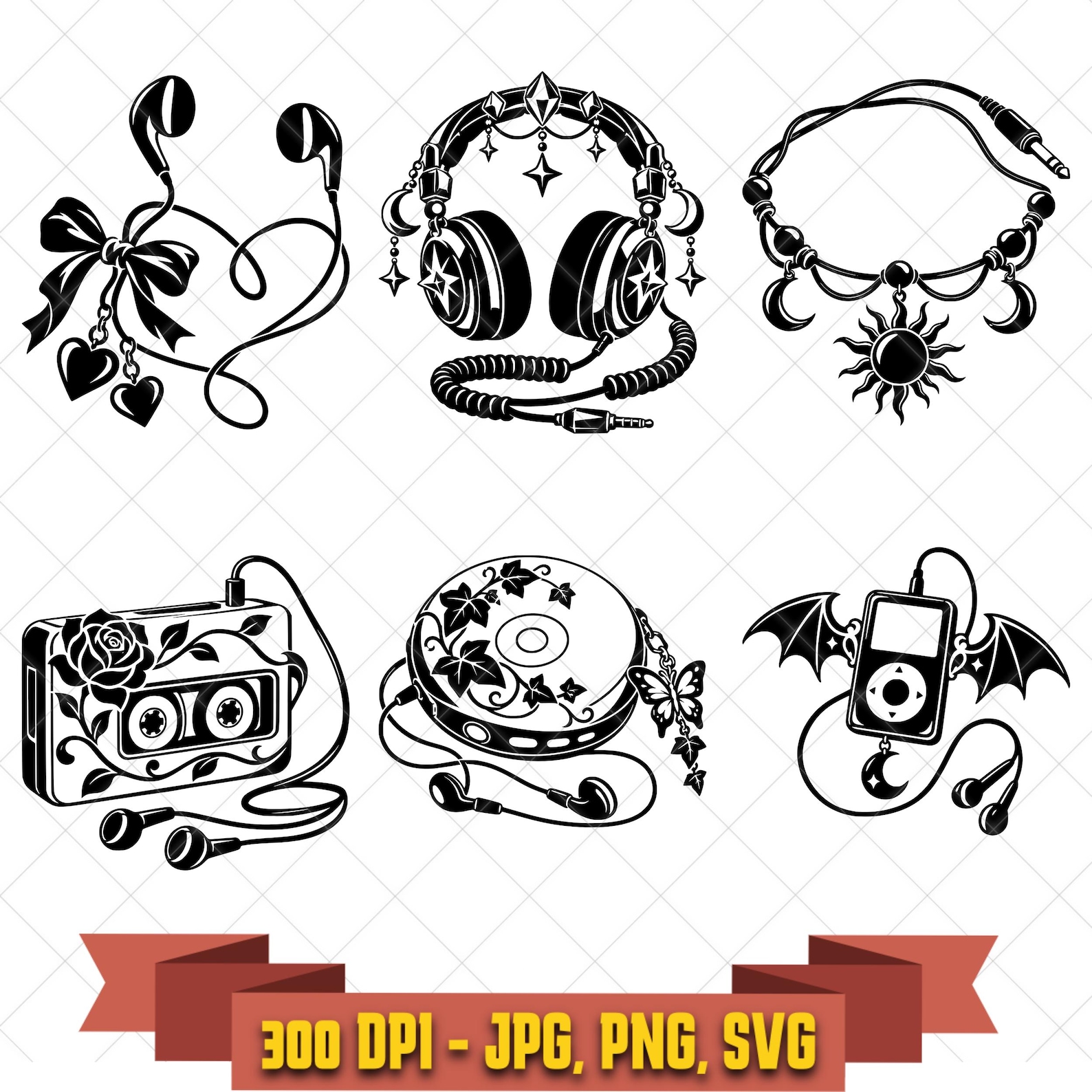 Decorated Wired Tech SVG Bundle, 6 Earbud Headphone and Music Player Designs, PNG JPG in the Decorative Elements collection by KleanKutChaos.