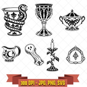 May include: A collection of black and white vector illustrations featuring a snake-coiled chalice, a skeletal hand goblet, a butterfly-adorned lidded bowl, a crescent moon pitcher, a ghost-shaped object, a thorny candle holder, and a decorative tray.