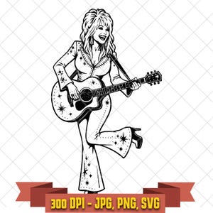 May include: A black and white graphic illustration of a singer with voluminous hair wearing a star-patterned jumpsuit and playing an acoustic guitar. The figure is depicted in a dynamic pose with one leg raised, featuring star motifs on the clothing.