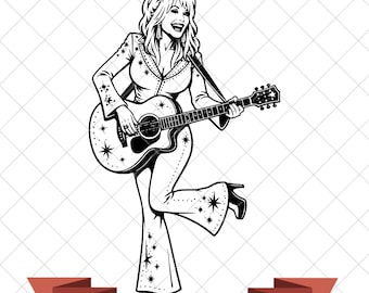 May include: A black and white graphic illustration of a singer with voluminous hair wearing a star-patterned jumpsuit and playing an acoustic guitar. The figure is depicted in a dynamic pose with one leg raised, featuring star motifs on the clothing.