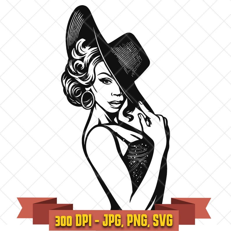 Drag queen SVG, glamorous performer with wide brim hat and hoop earrings black and white clipart for Cricut and pride crafts