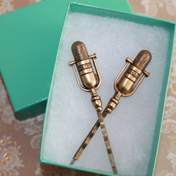 Antique brass microphone bobby pins, a unique gift for a singer, songwriter, poet or speaker!