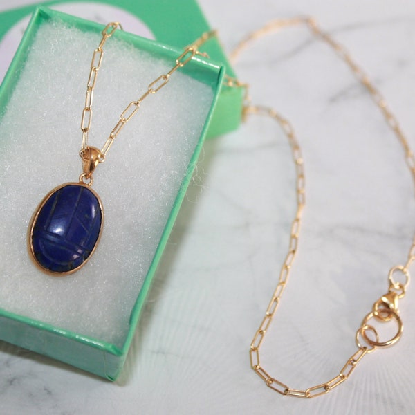 Lapis Lazuli Scarab on 14k gold plated paperclip chain, a symbol of renewal & rebirth for 2024
