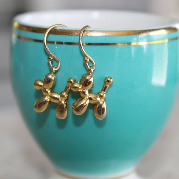 Gold Vermeil Balloon Dog Sculpture earrings on 14K gold plated ear wire make a unique gift for any poodle lover or Jeff Koons fan