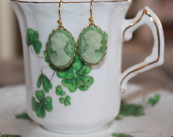 Green and White Cameo Earrings on French wire - Victorian Jewelry for a special occasion or everyday | Jane Austen gift | Elinor Dashwood