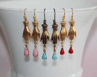 Brass Victorian hand earrings with pink, red or blue vintage glass teardrops are beautiful statement earrings