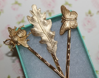 Bee, Leaf & Butterfly Bobby Pins make beautiful gifts, Woodland Wedding or everyday hair accessories!