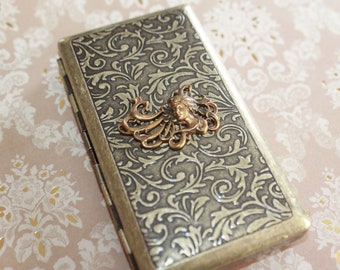 Victorian style etched cigarette case, wallet or business card case with solid brass Art Nouveau Woman or Sea Goddess stamping
