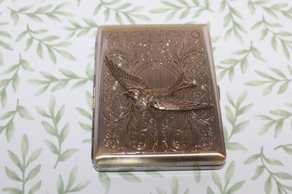 Swallow Victorian style cigarette, wallet, business card, ladies golf tee or playing card case - a symbol of hope and safe return
