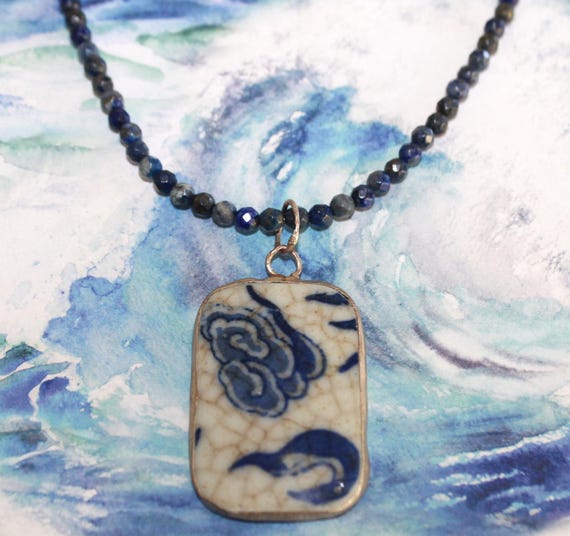 Chinese Dragon Necklace, Blue White Porcelain Shard Pendant, Lapis Lazuli Gemstone Necklace, Year of the Dragon Gift