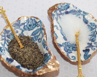 Blue Chinoiserie Oyster salt and pepper cellars with gold toned spoons make a unique Housewarming or bedside jewelry dishes