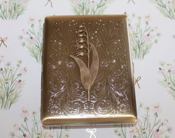 Lily of the Valley Metal Card Case – Floral Business Card Holder – Brass Cigarette Case – May Birth Flower Gift – Vintage Style Pocket Case