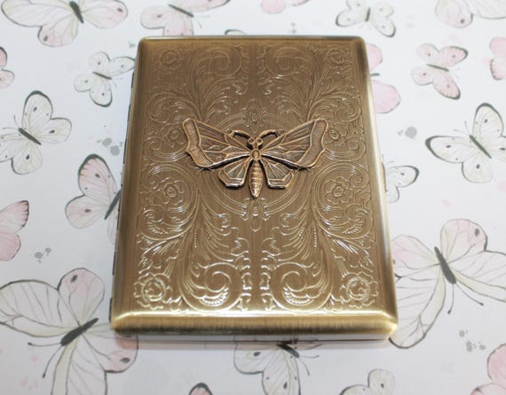 Luna Moth Brass Cigarette Case, Butterfly Wallet, Nature Inspired Card Holder, Gothic Cottage core Gift, Playing Card Case, Moth Lover Gift