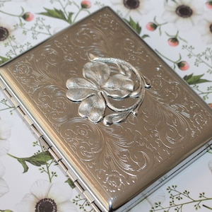 Victorian style etched wallet, business card or cigarette case with 4 leaf clover - symbol of faith, hope, love and luck!