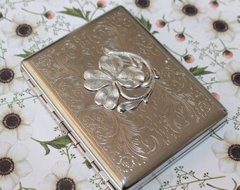 Victorian style etched wallet, business card or cigarette case with 4 leaf clover - symbol of faith, hope, love and luck!