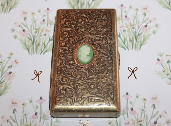 Victorian style etched Green Cameo Cigarette Case, Ladies Golf Tee Case, Wallet or Business Card Case