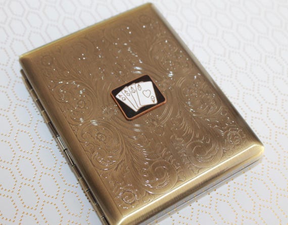 Playing Card Case with Vintage Brass Enamel Aces | Metal Cigarette Case | Poker Bridge Card Holder | Gambler Casino Gift