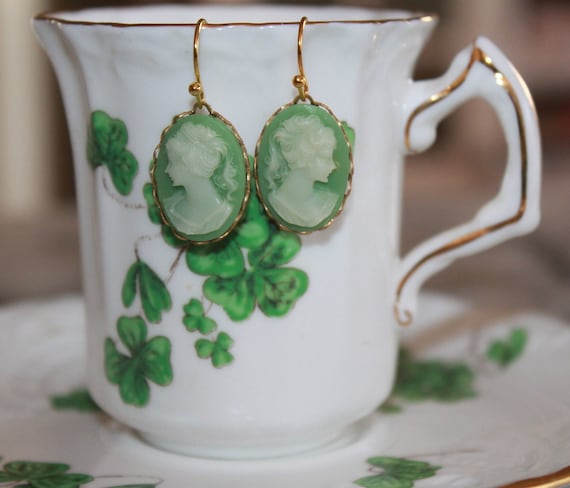 Green and White Cameo Earrings on French wire - Victorian Jewelry for a special occasion or everyday | Jane Austen gift | Elinor Dashwood