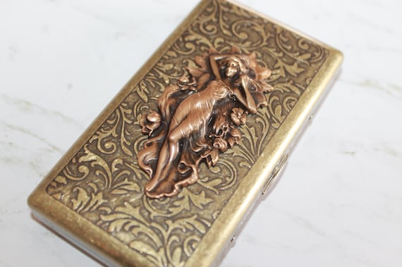 Victorian style etched wallet, business card, golf tee or cigarette case with a Magnificent Mermaid, Water Goddess, Vintage Woman stamping