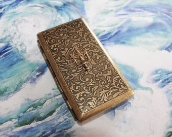 Victorian style etched wallet, business card or cigarette case with Trident for the Poseidon, Mariner, Sea or Greek Mythology lover!