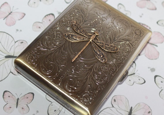 Victorian style Dragon Fly Cigarette Case, Wallet, Playing Card Case - symbol of change, hope, living in the moment