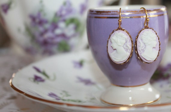 Victorian Style Lavender Cameo Earrings Elegant Cameo Jewelry