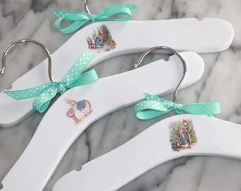Set of three Peter Rabbit Baby Hangers – Unique Beatrix Potter-Inspired Shower Gift, Wooden Baby Hanger Set, Perfect for Mom-to-Be