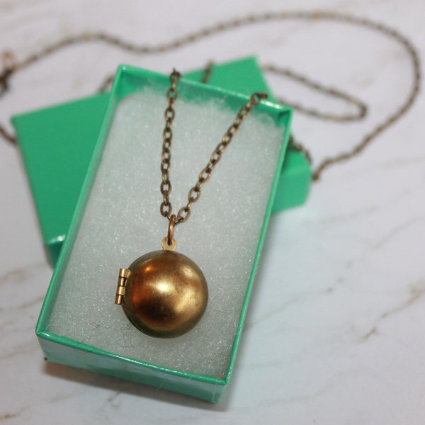 Vintage Brass Ball Locket Necklace - personalized with your own secret message for Valentines. Minimalist Boho jewelry.