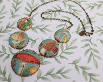 Mushroom fabric button necklace, a unique statement piece for the funGal!